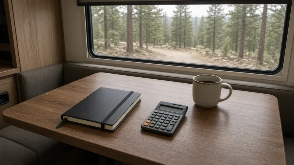 A notebook budget, a calculator, and a coffee mug on an RV dinette with a window view of pines