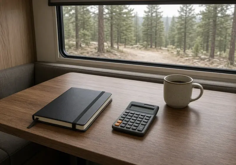 A notebook budget, a calculator, and a coffee mug on an RV dinette with a window view of pines