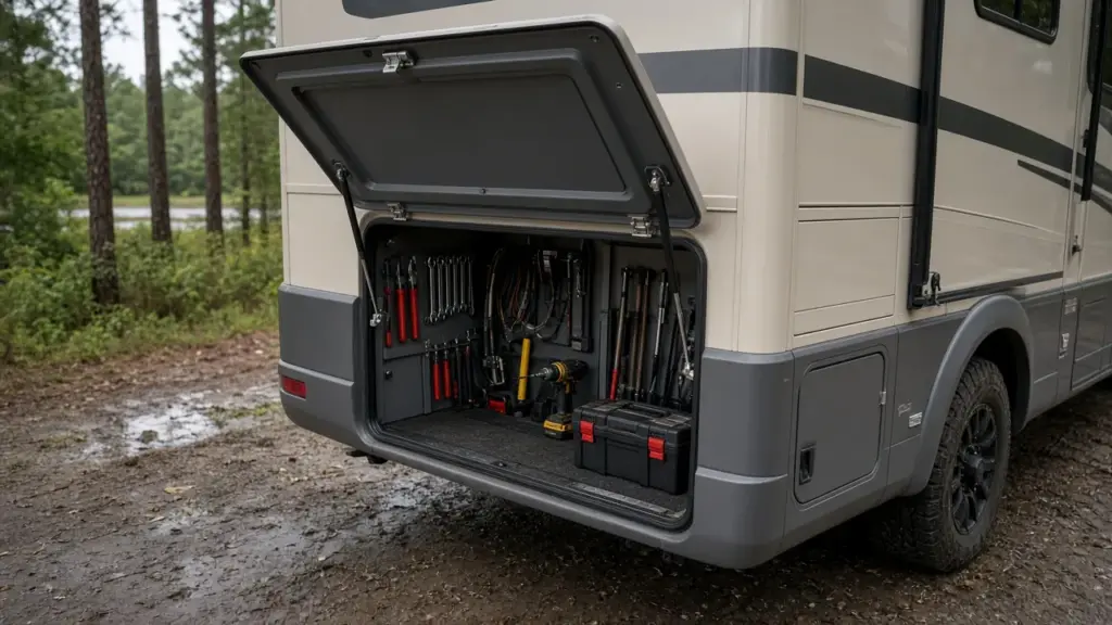 An RV exterior with an open storage bay showing neatly organized maintenance tools