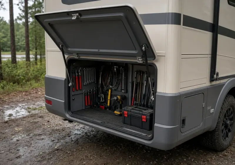 An RV exterior with an open storage bay showing neatly organized maintenance tools
