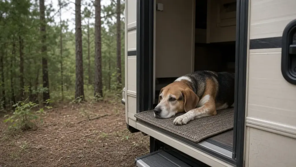 A dog resting on a mat just inside the open door of an RV with pine trees outside