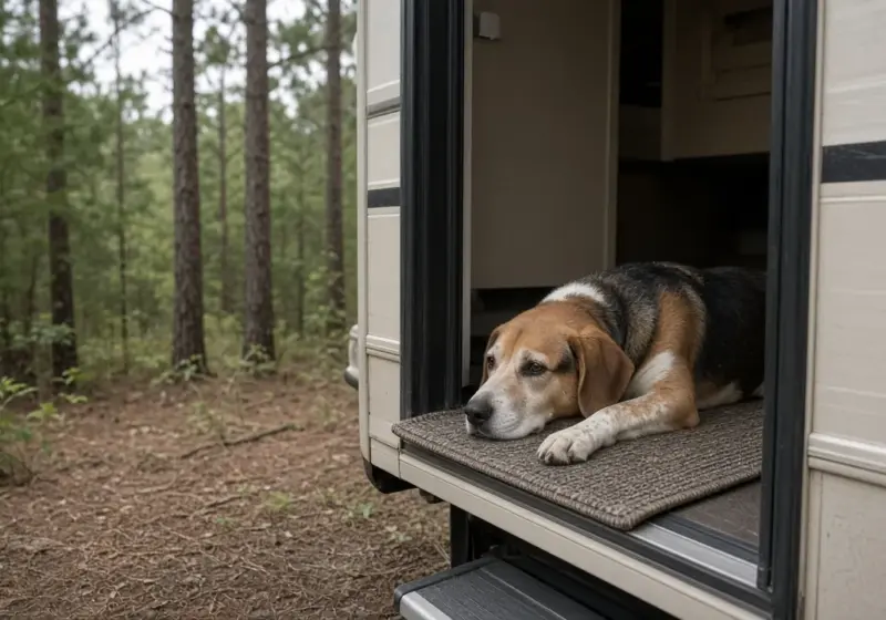 A dog resting on a mat just inside the open door of an RV with pine trees outside