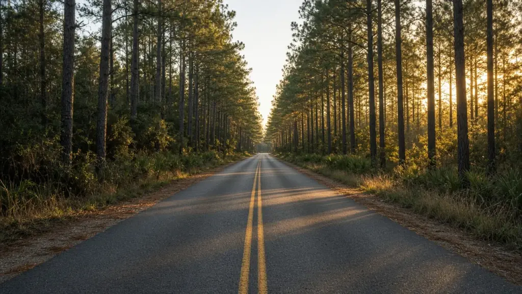 A two-lane road through tall pine trees in Southeast Texas on a sunny day