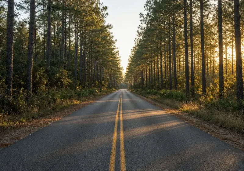 A two-lane road through tall pine trees in Southeast Texas on a sunny day