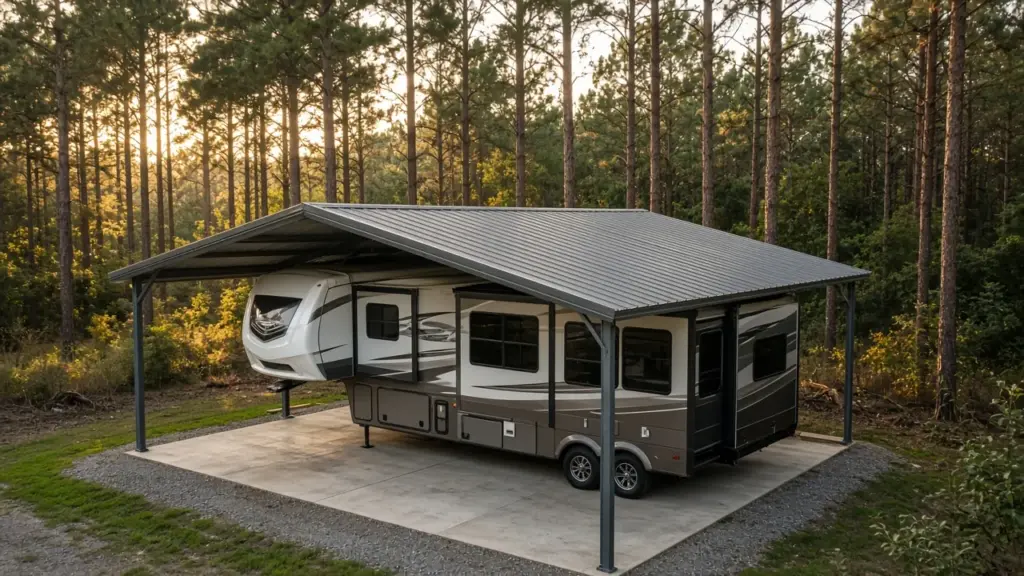 A fifth wheel RV parked on a concrete pad under a metal carport cover with tall pine trees behind it