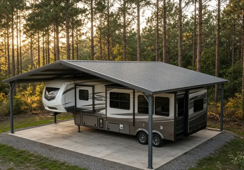 A fifth wheel RV parked on a concrete pad under a metal carport cover with tall pine trees behind it