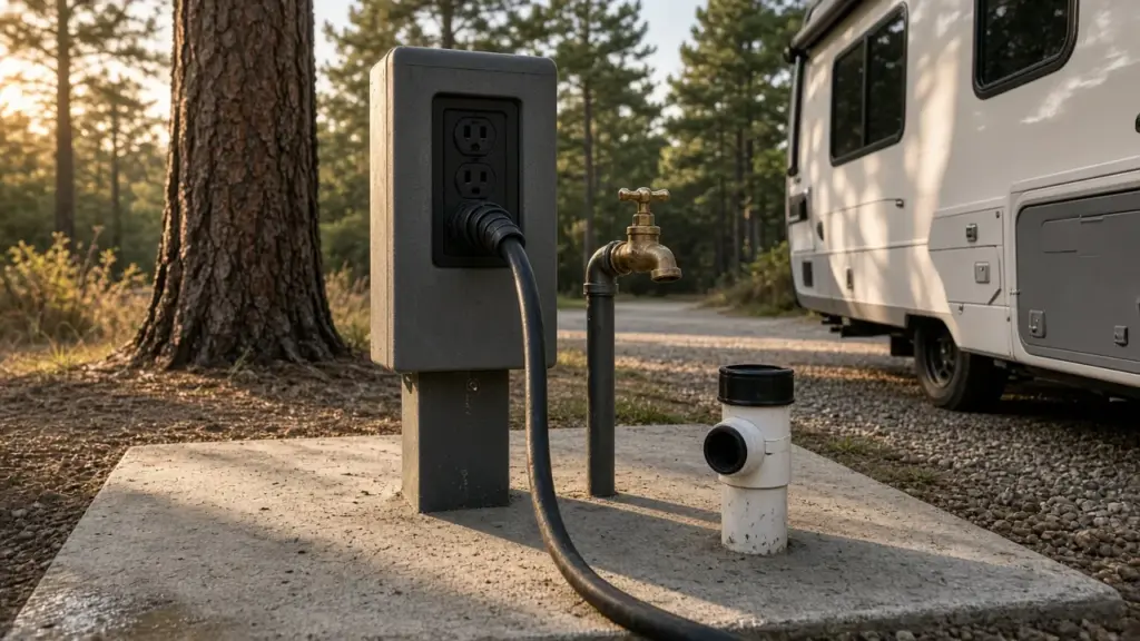 An RV power pedestal with a thick power cord, a water spigot, and a sewer connection on a concrete pad