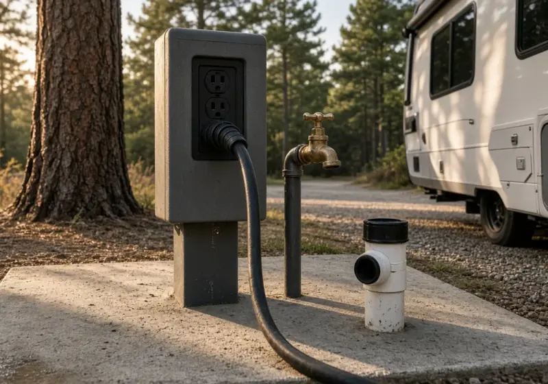 An RV power pedestal with a thick power cord, a water spigot, and a sewer connection on a concrete pad