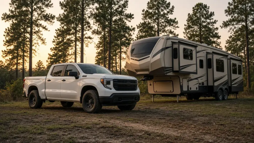 A work pickup truck parked beside a fifth wheel RV at dawn with pine trees behind