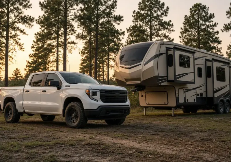 A work pickup truck parked beside a fifth wheel RV at dawn with pine trees behind