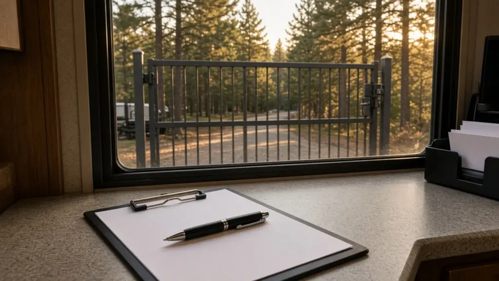 A clipboard application form and a pen on an RV park office counter with a gate visible through the window