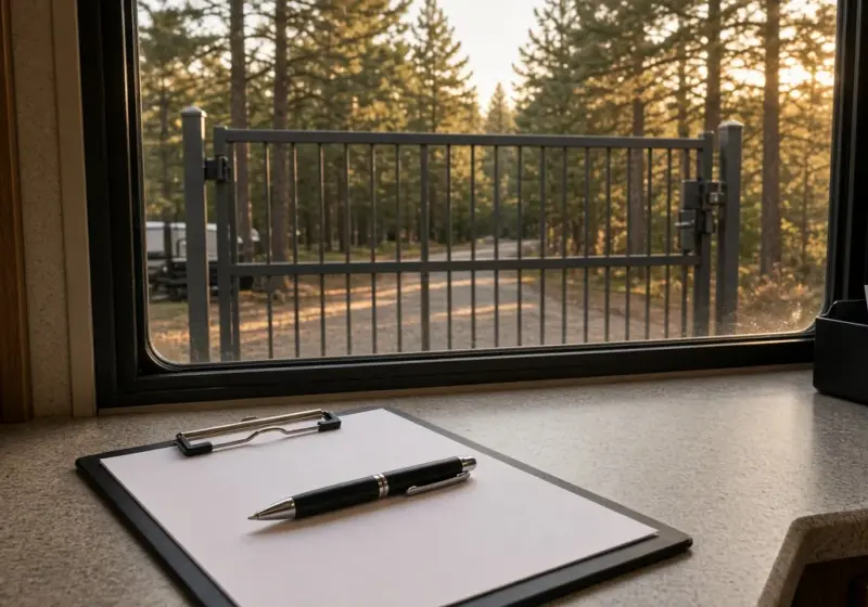 A clipboard application form and a pen on an RV park office counter with a gate visible through the window