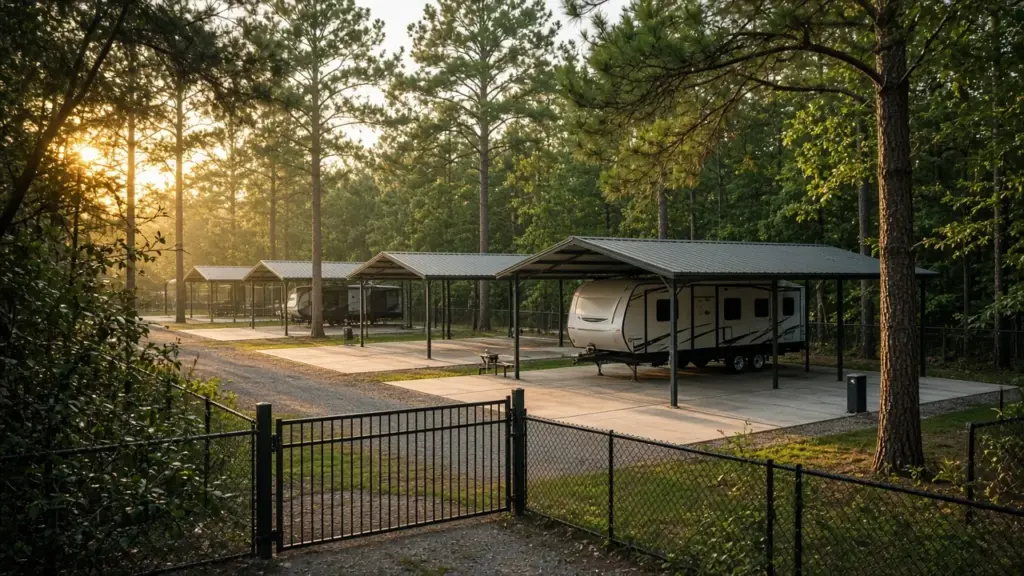 A small gated RV park with a handful of covered concrete sites surrounded by pine trees