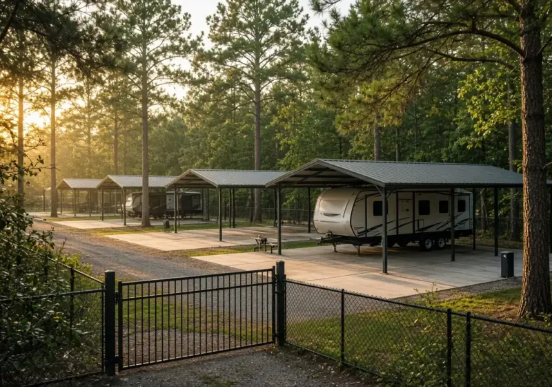 A small gated RV park with a handful of covered concrete sites surrounded by pine trees