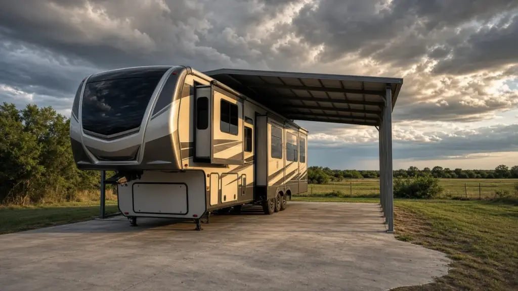 A fifth wheel on a covered concrete pad under a dramatic Texas sky with storm clouds and sunlight
