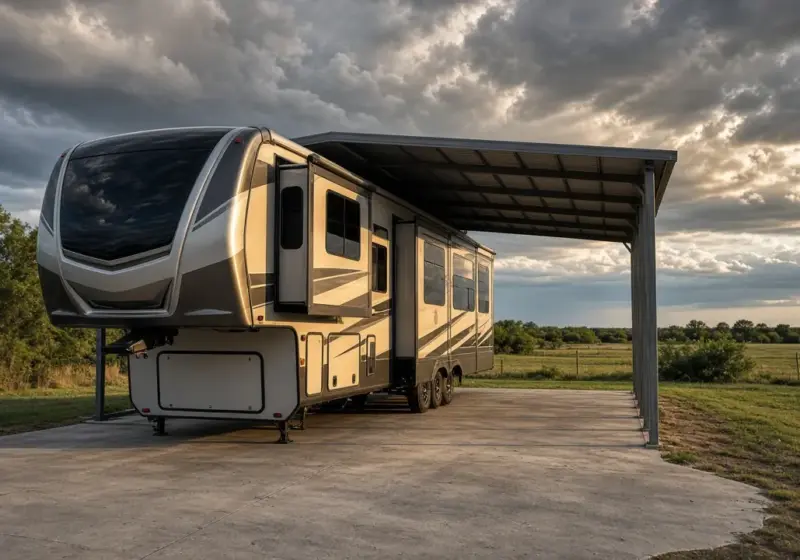 A fifth wheel on a covered concrete pad under a dramatic Texas sky with storm clouds and sunlight