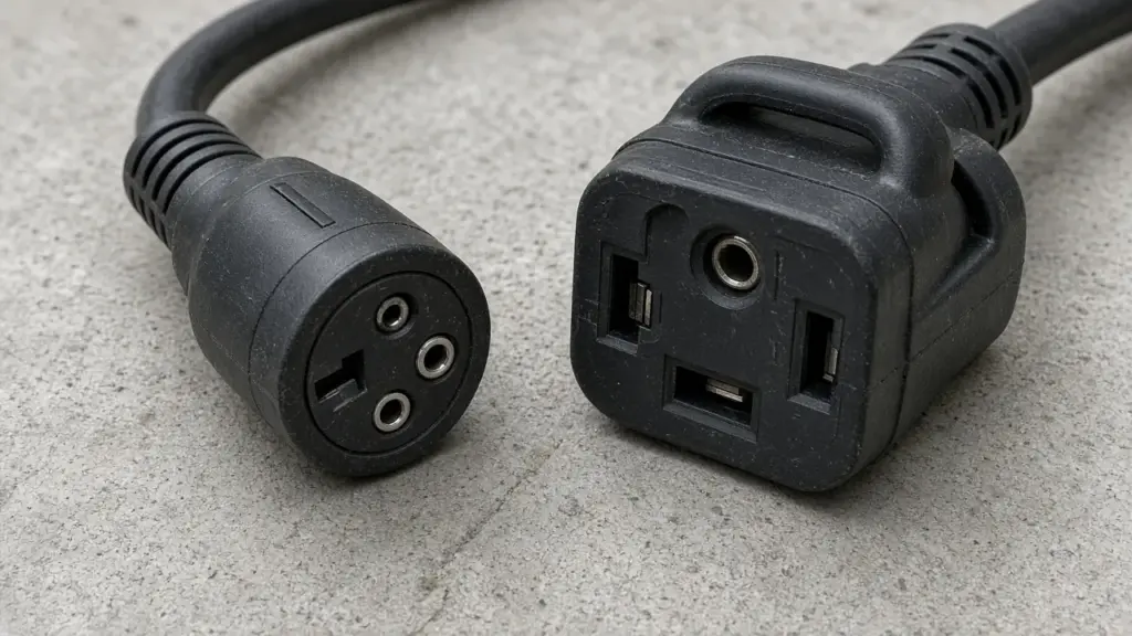 30-amp and 50-amp RV plugs side by side on a concrete pad