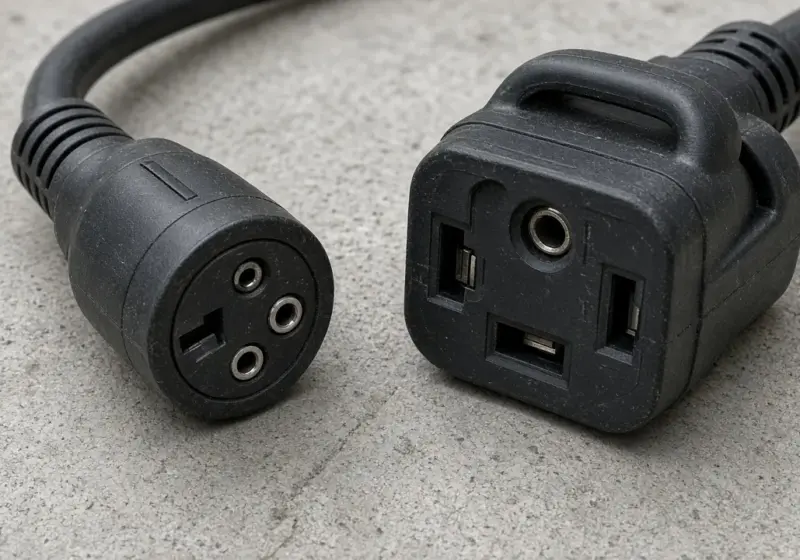 30-amp and 50-amp RV plugs side by side on a concrete pad