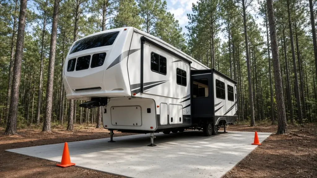 A fifth wheel backing into a concrete RV site with cones marking the pad