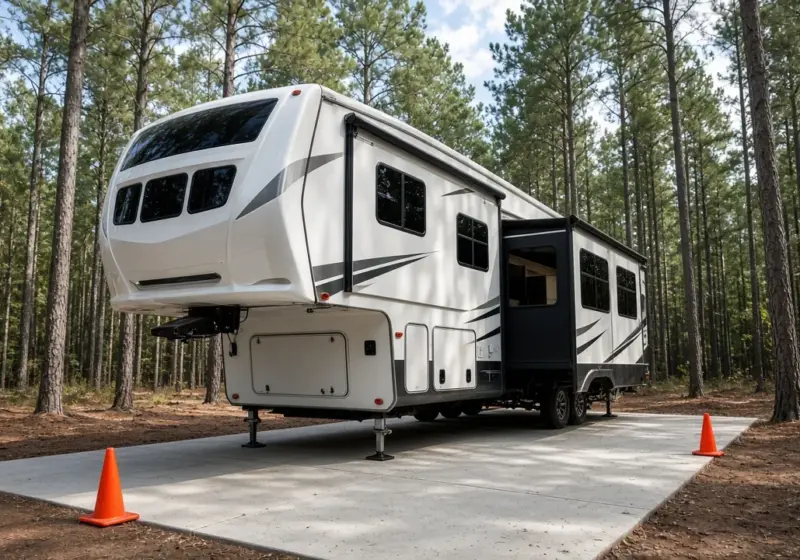 A fifth wheel backing into a concrete RV site with cones marking the pad