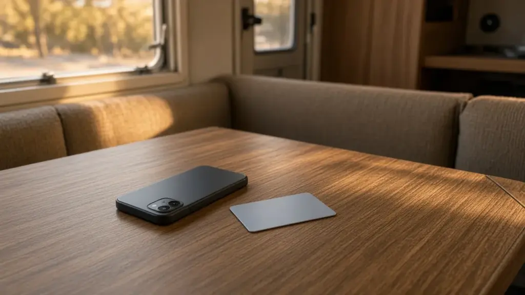 A smartphone and a debit card on an RV table
