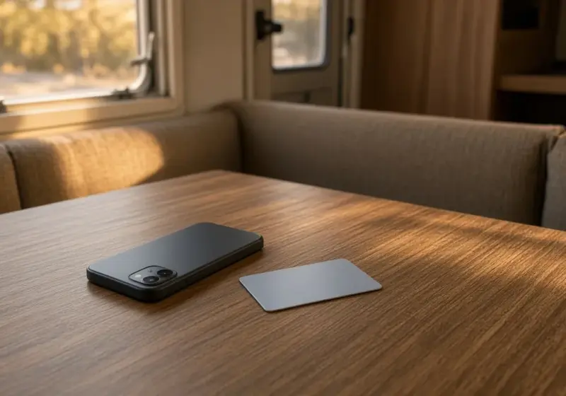 A smartphone and a debit card on an RV table