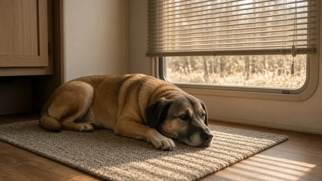 A dog lying quietly by an RV window with blinds partly closed