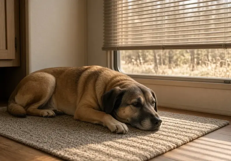 A dog lying quietly by an RV window with blinds partly closed