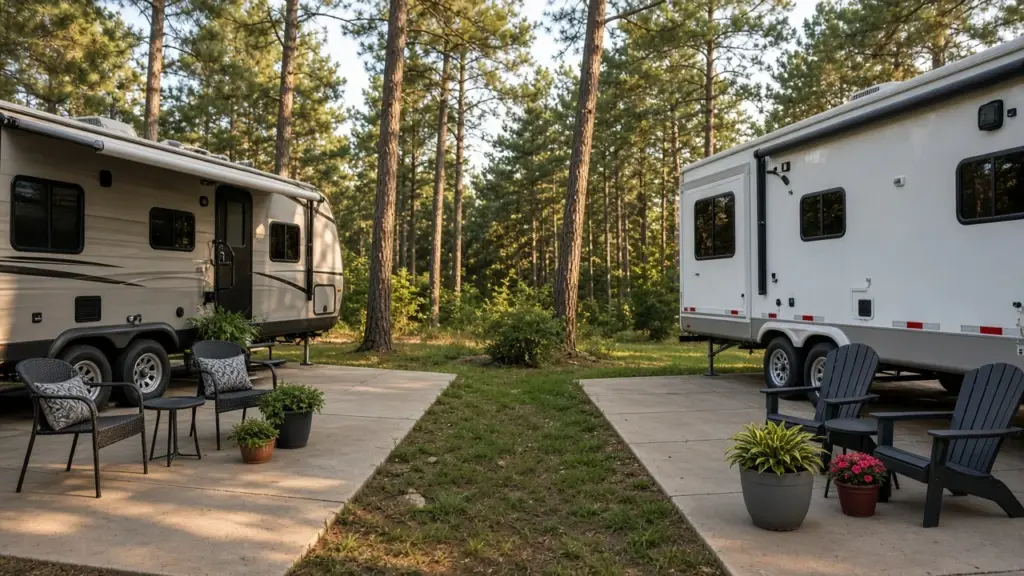 Two RV sites with tidy patios and potted plants