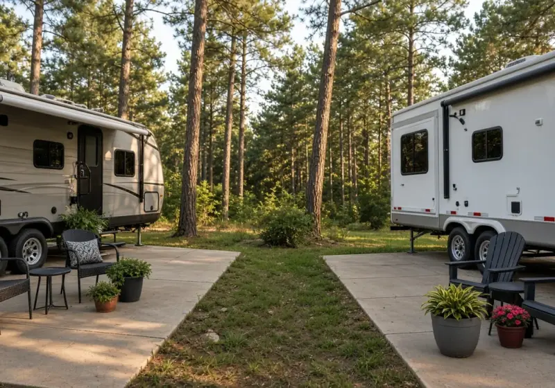 Two RV sites with tidy patios and potted plants