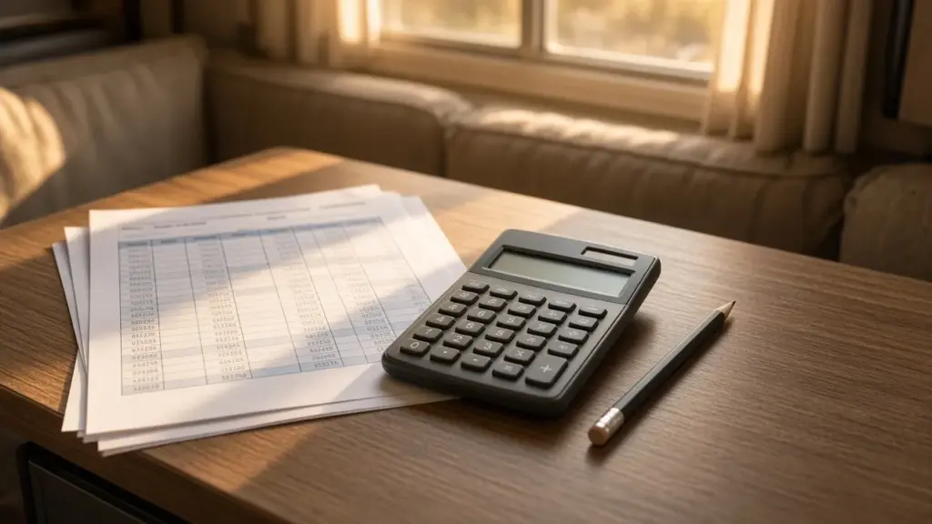A spreadsheet printed on paper beside a calculator on an RV table