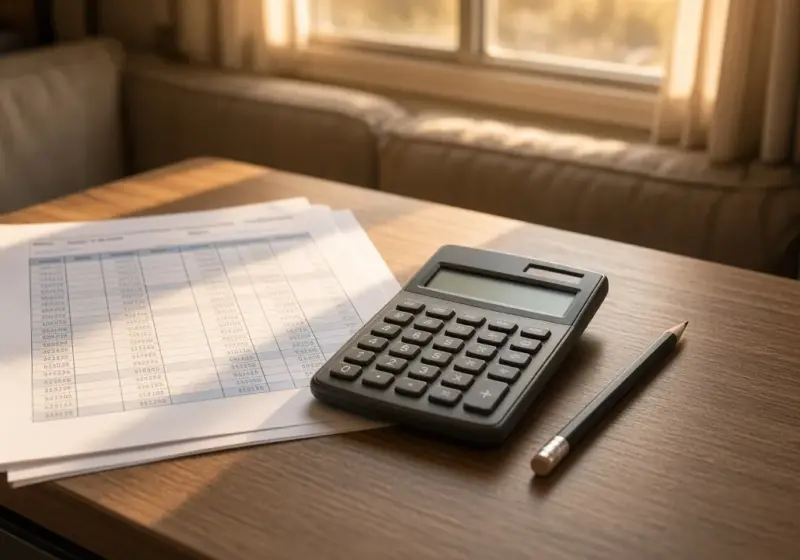 A spreadsheet printed on paper beside a calculator on an RV table