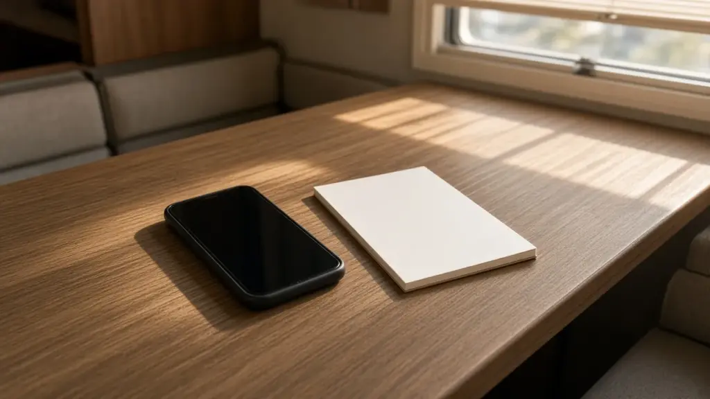 A phone lying on a table beside a notepad inside an RV