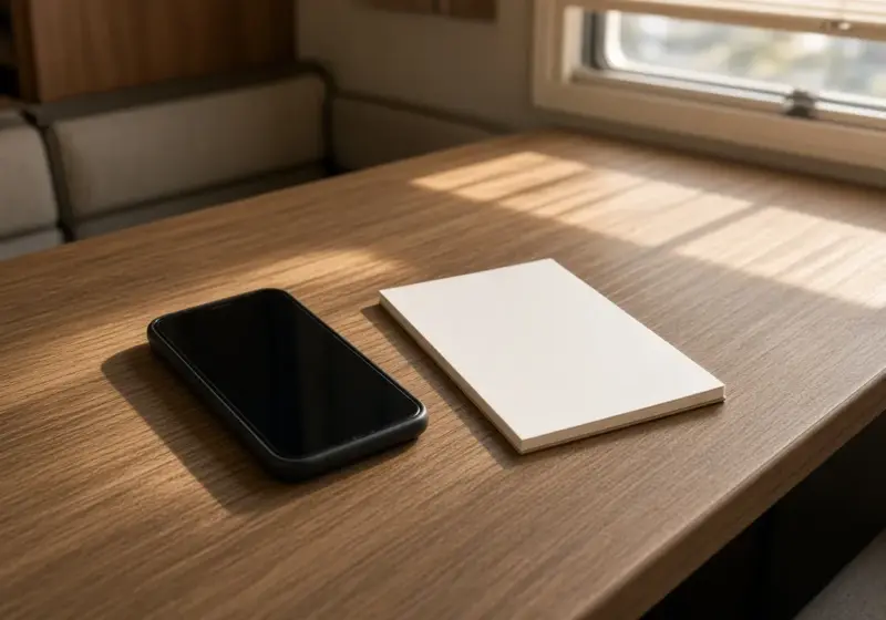 A phone lying on a table beside a notepad inside an RV