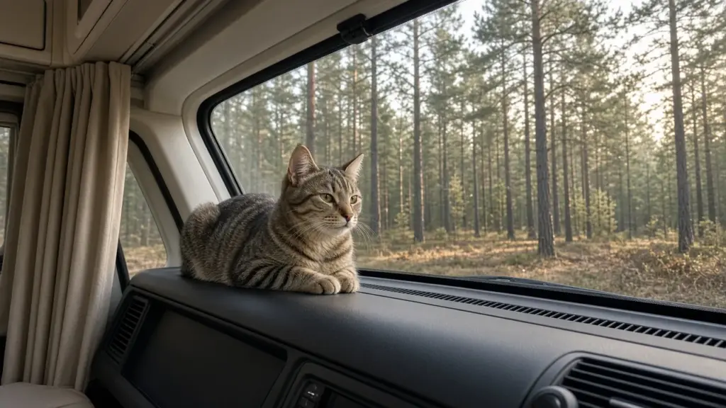 A cat perched on an RV dashboard window ledge