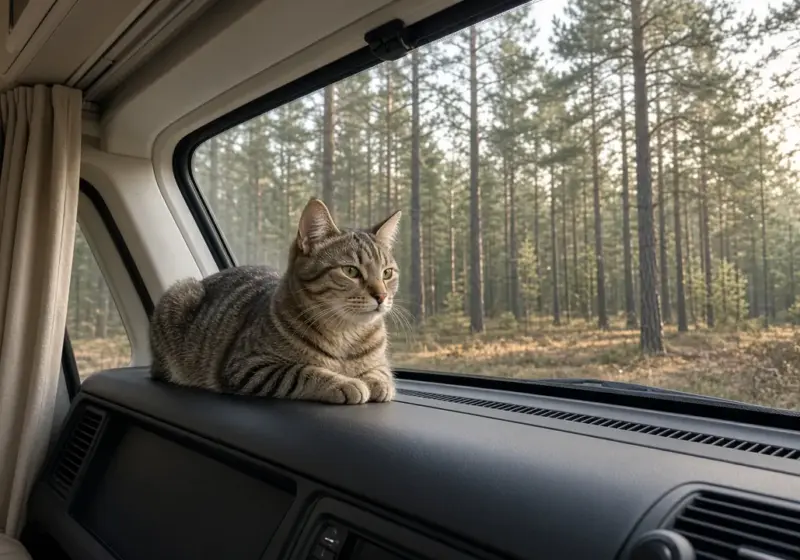 A cat perched on an RV dashboard window ledge