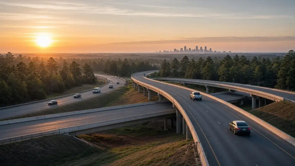 A highway overpass with light traffic at sunrise north of a big city