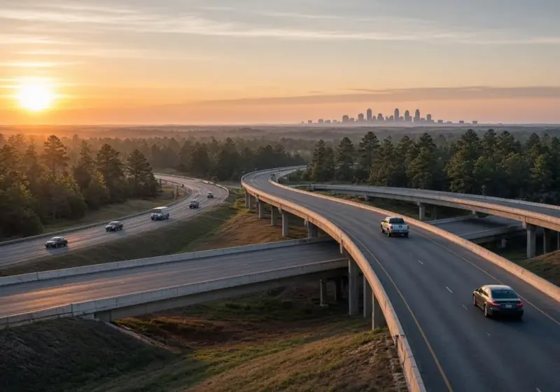 A highway overpass with light traffic at sunrise north of a big city