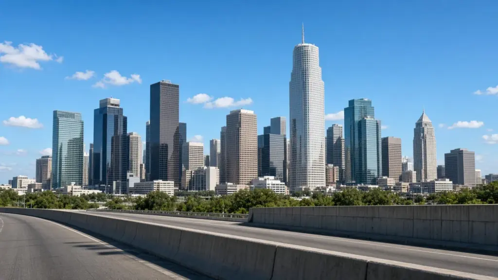 A downtown Houston skyline at dawn viewed from a highway