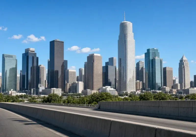 A downtown Houston skyline at dawn viewed from a highway
