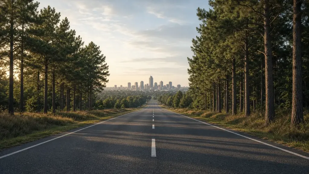 A two-lane road leading toward a suburban skyline in morning light