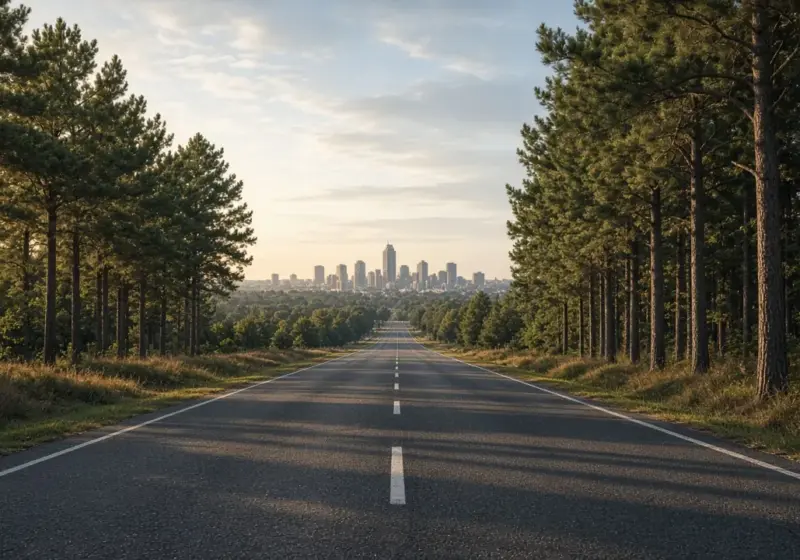 A two-lane road leading toward a suburban skyline in morning light