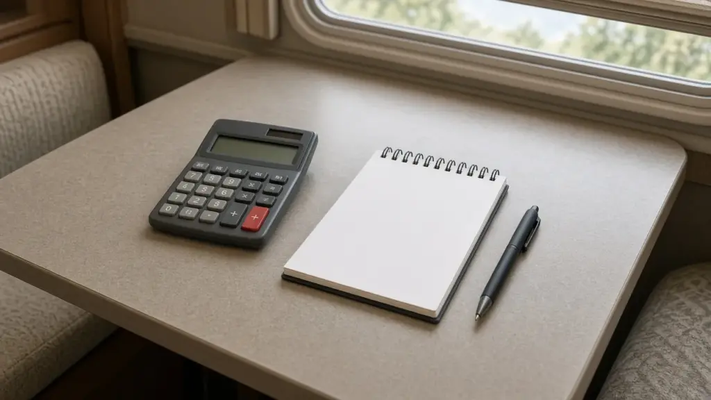 A calculator, a notepad, and a pen on a table inside an RV
