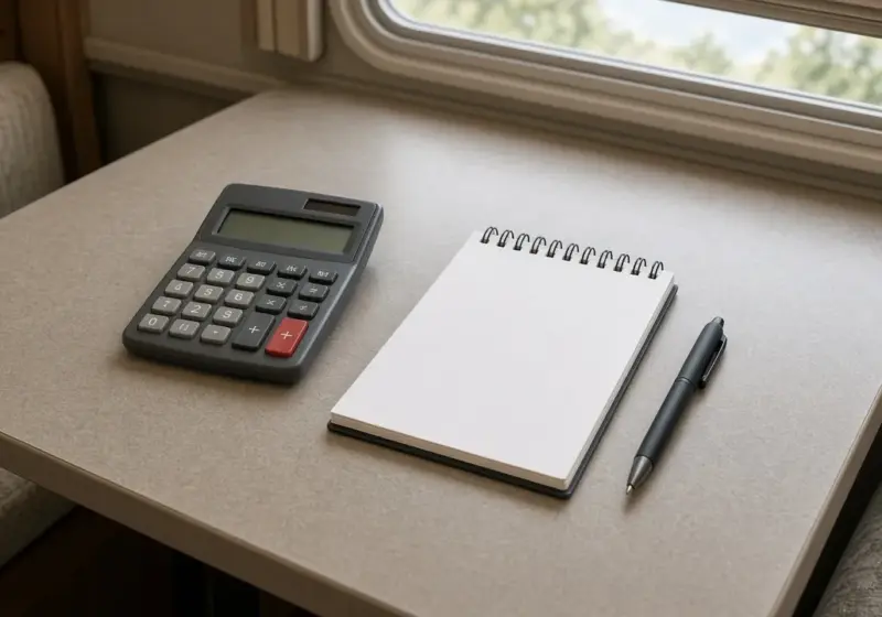A calculator, a notepad, and a pen on a table inside an RV
