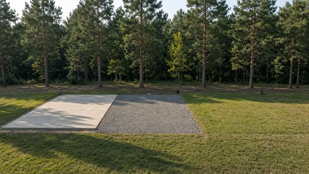 Three RV site surfaces side by side showing concrete, gravel, and grass