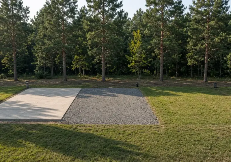 Three RV site surfaces side by side showing concrete, gravel, and grass