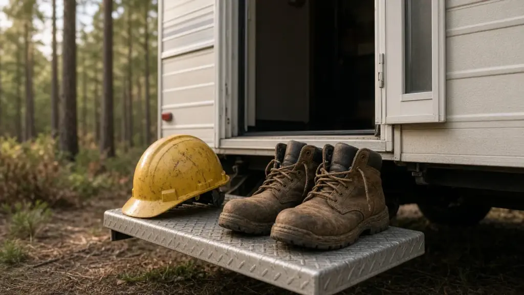 A hard hat and work boots by the door of a travel trailer