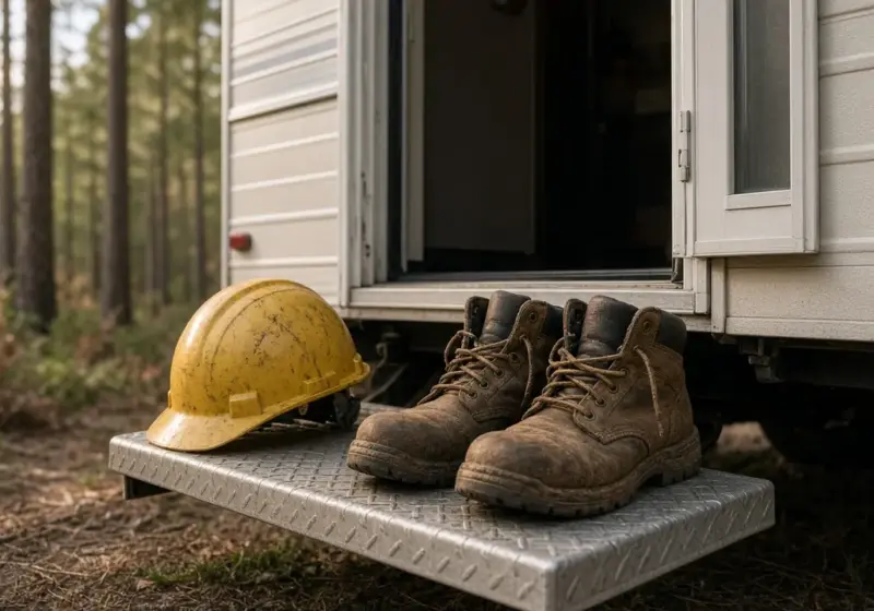 A hard hat and work boots by the door of a travel trailer