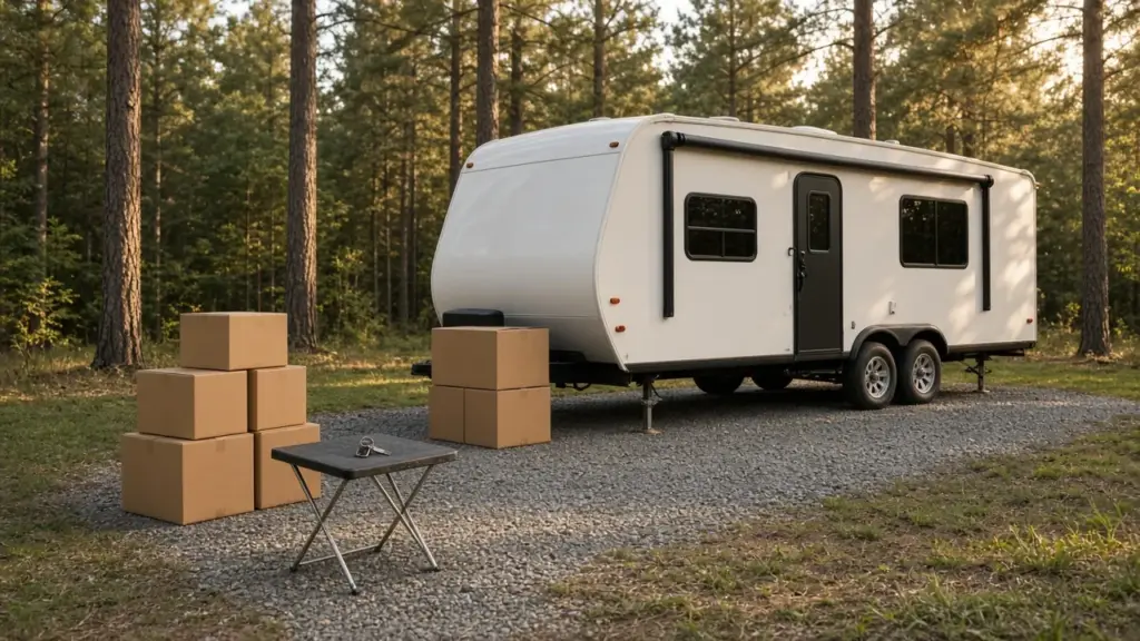 A travel trailer parked beside a moving box stack and a house key on a table