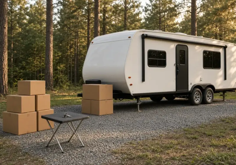 A travel trailer parked beside a moving box stack and a house key on a table